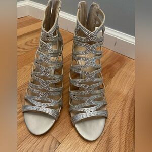 Imagine by Vince Camuto silver and rhinestone cage shoes